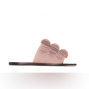 NWOT Mercedes Castillo Suede Slides in Pink Ruffle Embellishment Sz 6